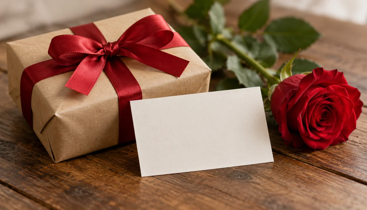 A paper gift with a simple ribbon beside a blank card and a single rose