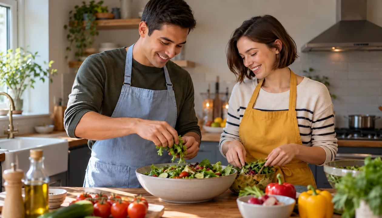Couple preparing a salad together at home