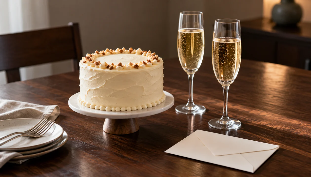 Small anniversary cake and champagne flutes