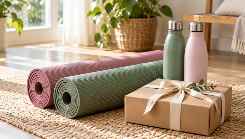 Two rolled yoga mats, two plain water bottles and a ribbon-tied parcel