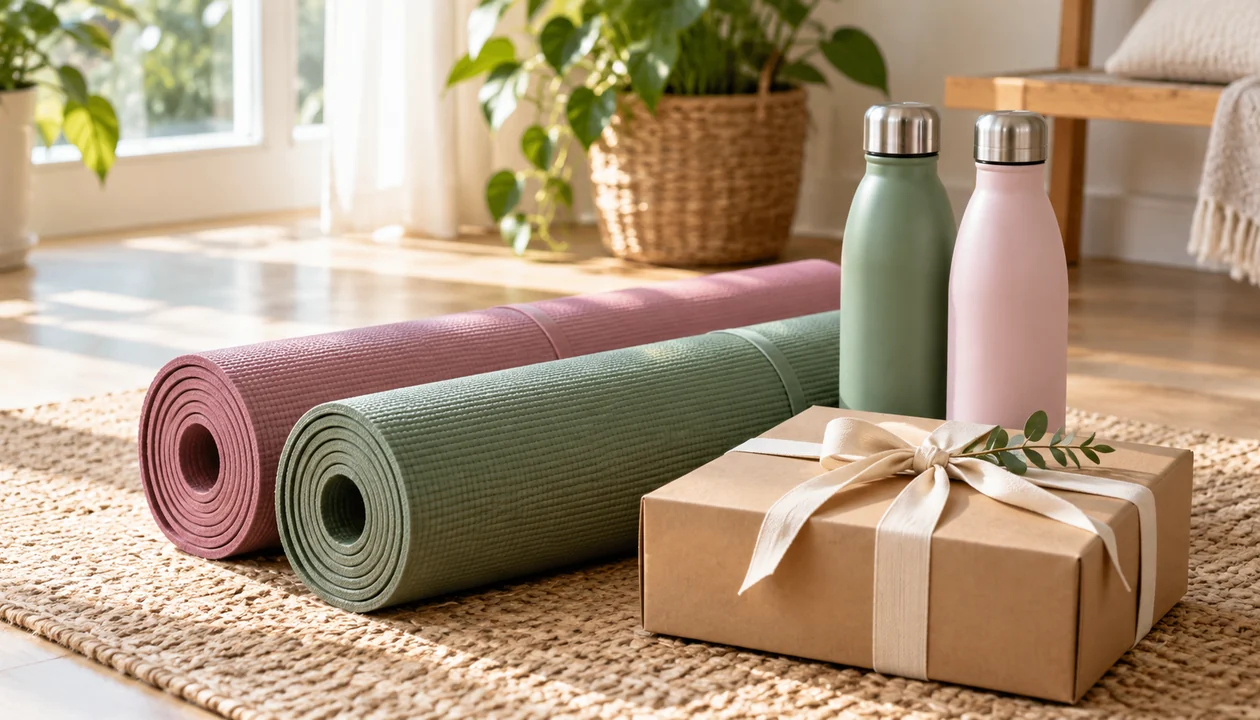 Two rolled yoga mats, two plain water bottles and a ribbon-tied parcel