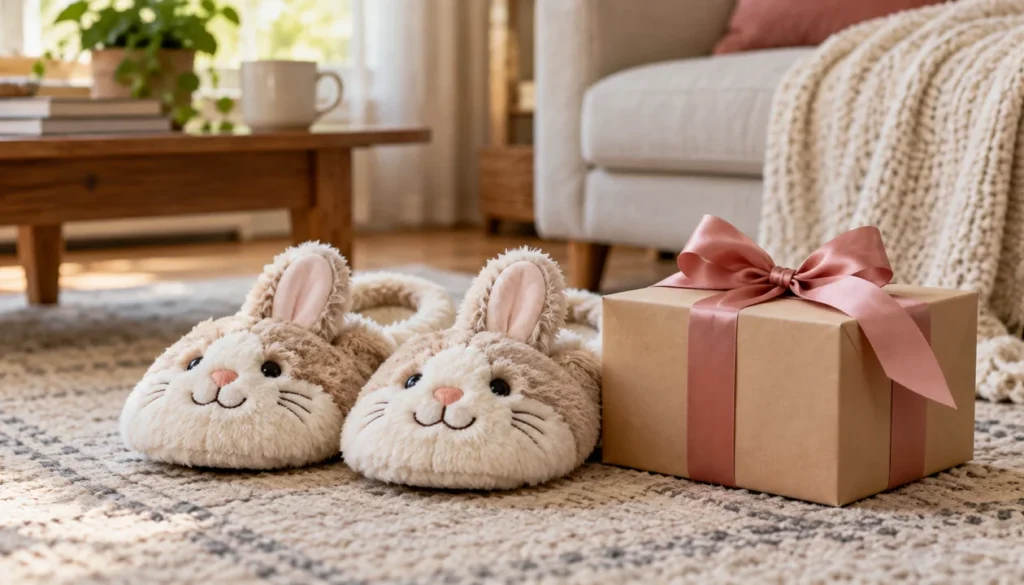 A pair of whimsical animal slippers beside a ribbon-tied gift box