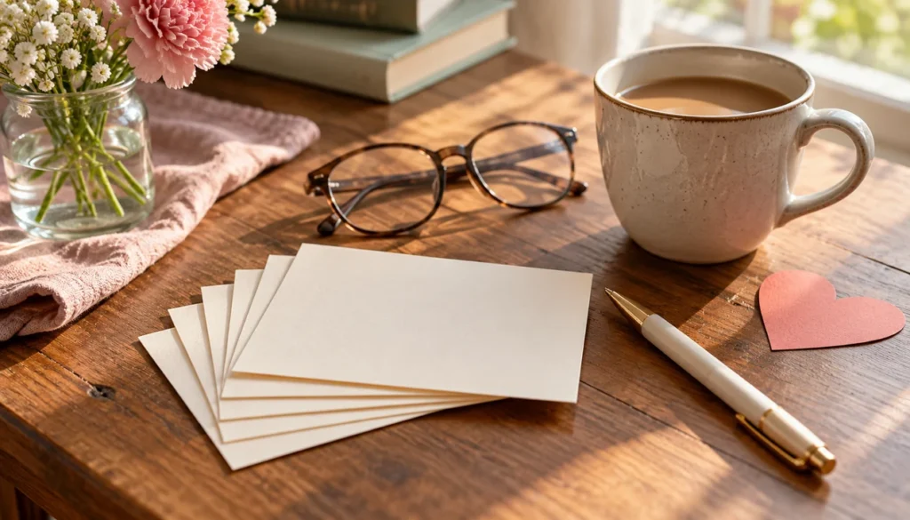 Blank notecards with a pen and a paper heart beside a mug