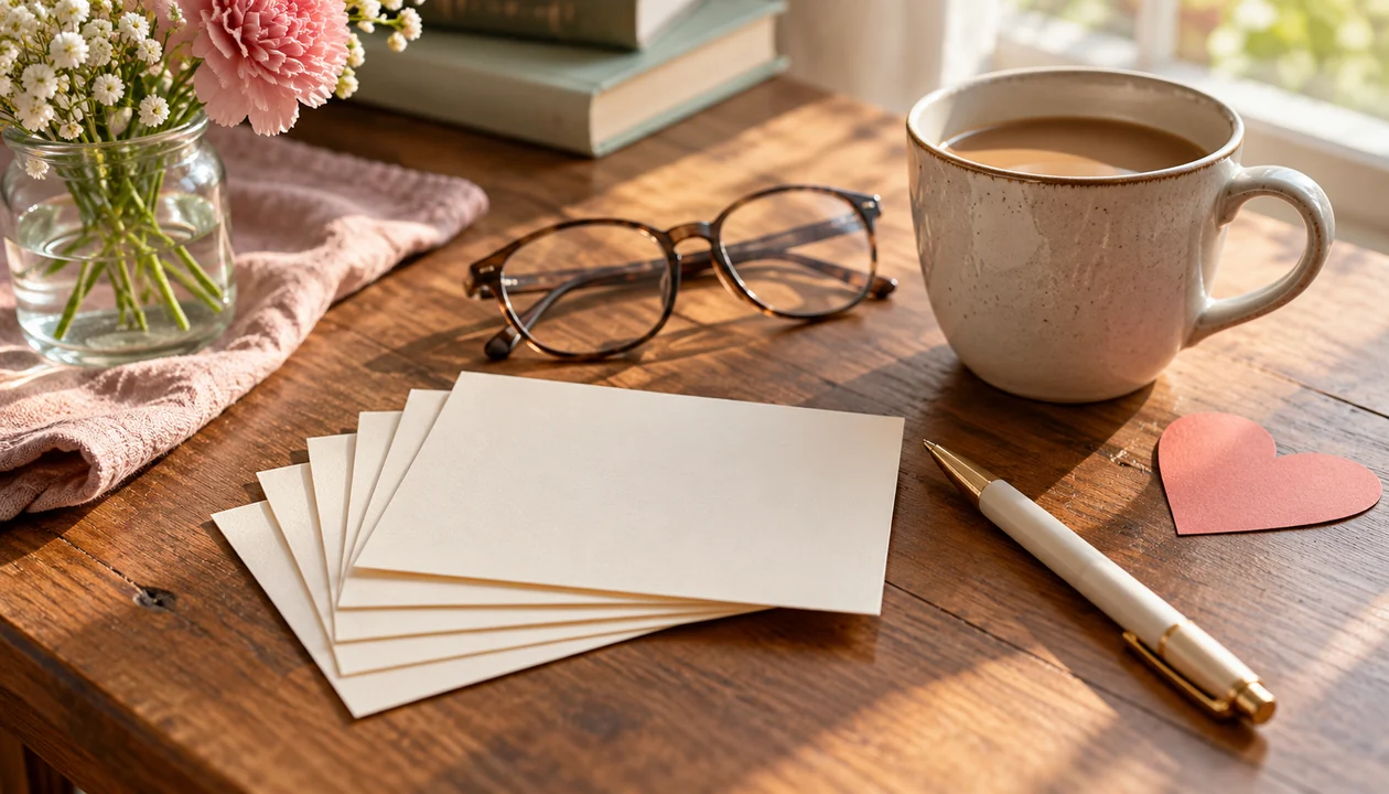 Blank notecards with a pen and a paper heart beside a mug