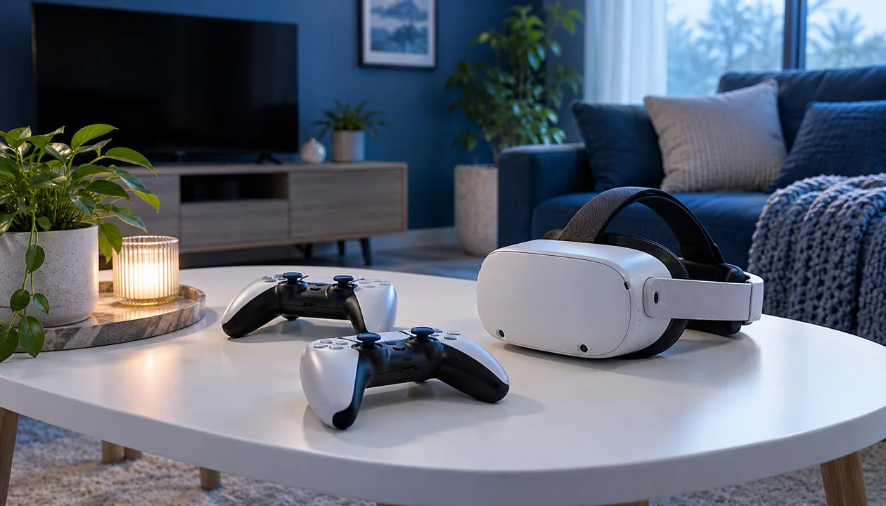 Game controllers and a VR headset ready for a shared game night