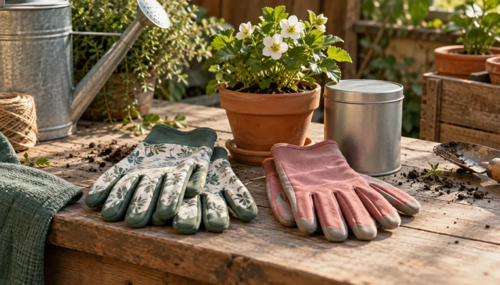 Two pairs of gardening gloves beside a small terracotta plant and an unmarked seed tin