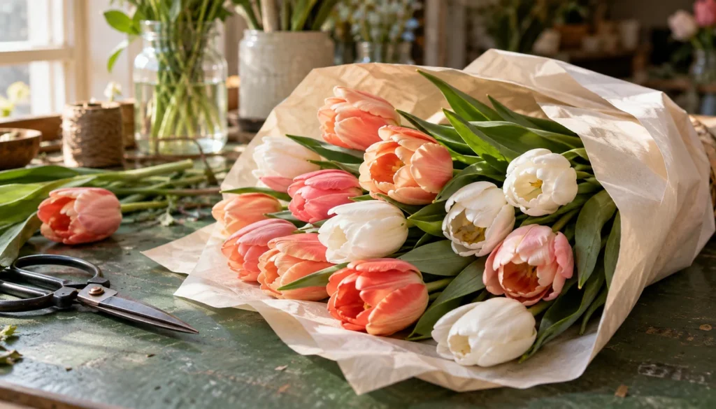 Fresh tulip bouquet wrapped in cream paper