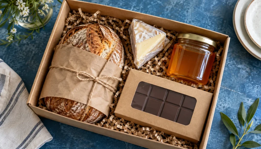 Gourmet gift hamper with cheese, honey, bread and chocolate