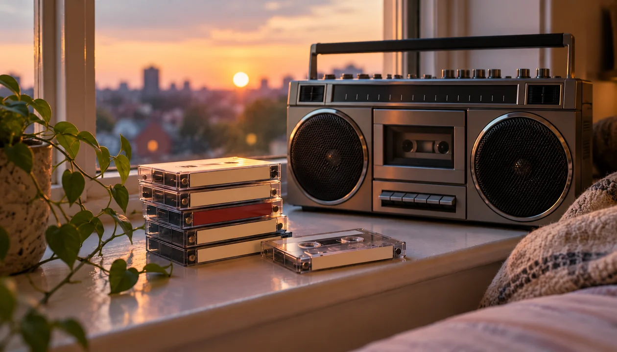 Radio and a stack of cassette singles on a bedroom windowsill at dusk