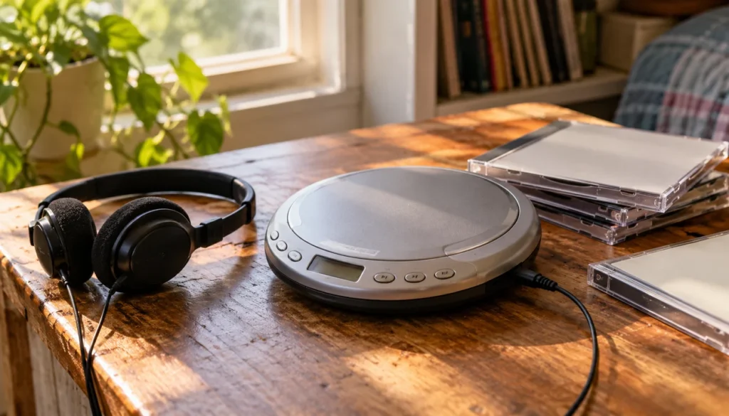 A 1990s portable CD player and wired headphones beside plain disc cases