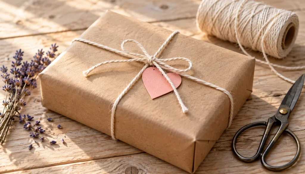 Handmade gift wrapped in kraft paper and twine with a pink paper heart
