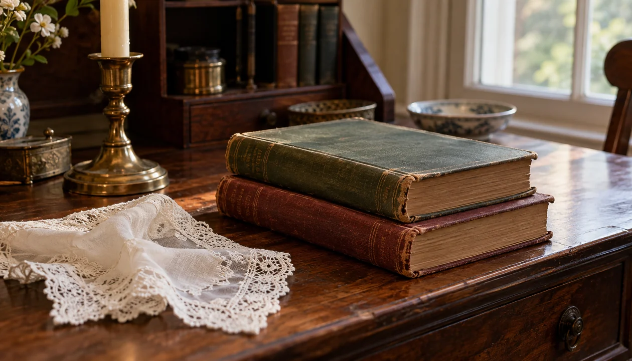 Two worn clothbound books beside a lace handkerchief and a brass candlestick