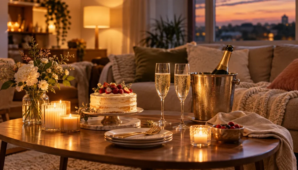 Living room coffee table set with sparkling wine, two glasses, a small cake and candles