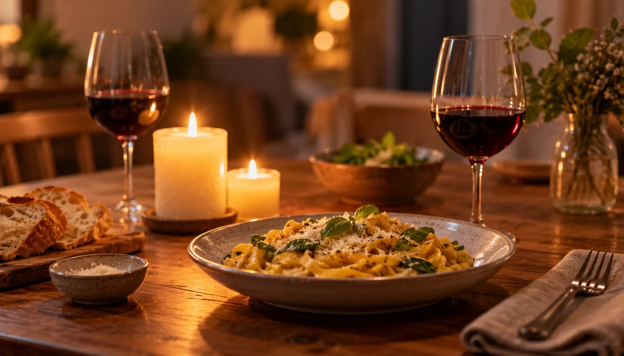 Two candles, wine glasses and a plate of pasta on a home dinner table