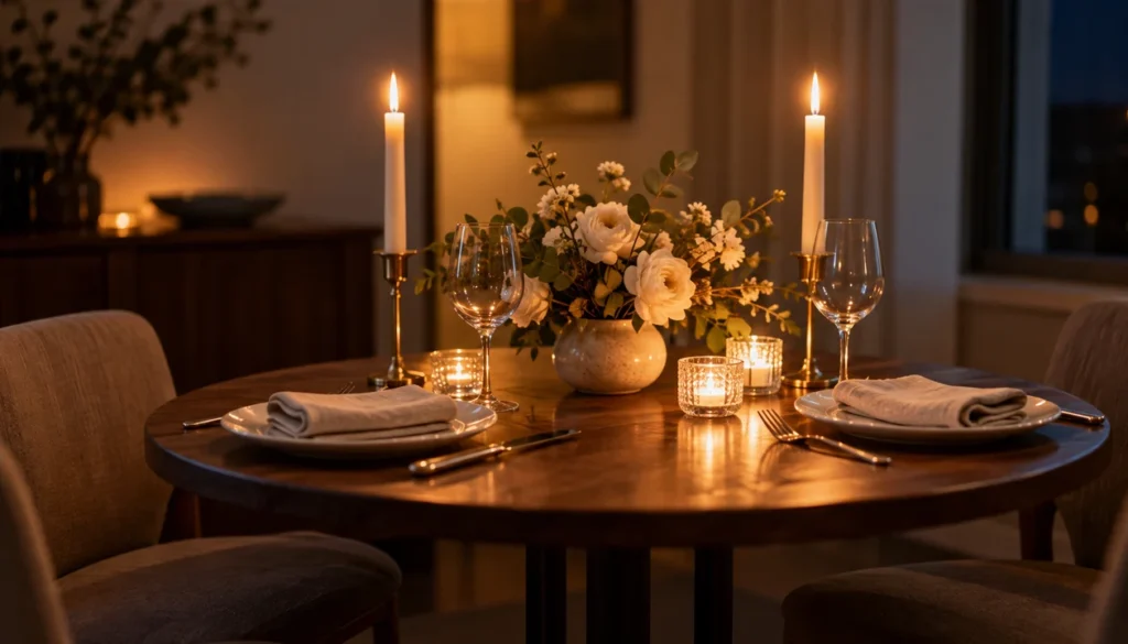 Candlelit dinner table set for two with taper candles and a small bouquet