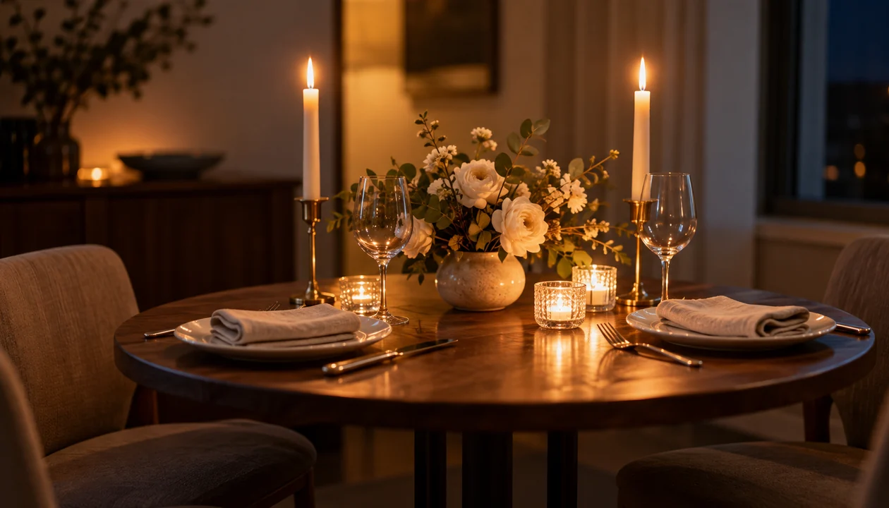 Candlelit dinner table set for two with taper candles and a small bouquet