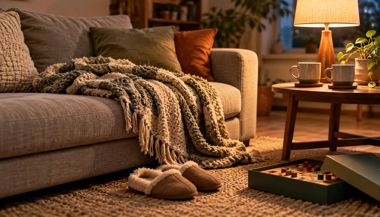 Blanket on a sofa with slippers, two mugs and a board game nearby