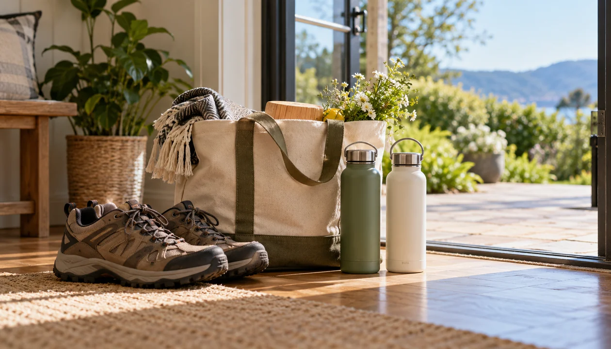 Walking shoes and a picnic tote ready for a shared outing