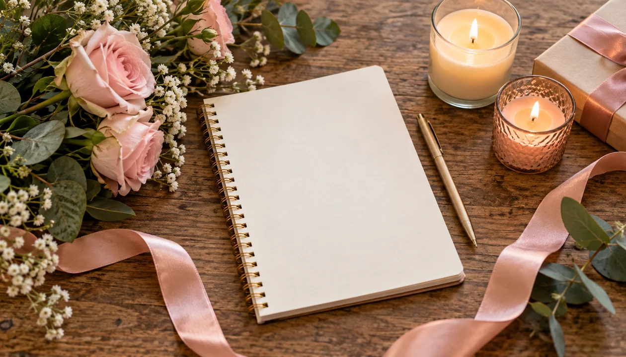 A blank notebook beside flower stems, two candles and ribbon