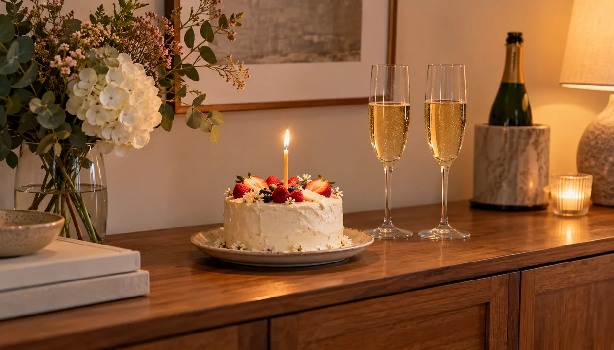 A small cake with one lit candle and two champagne flutes on a home sideboard