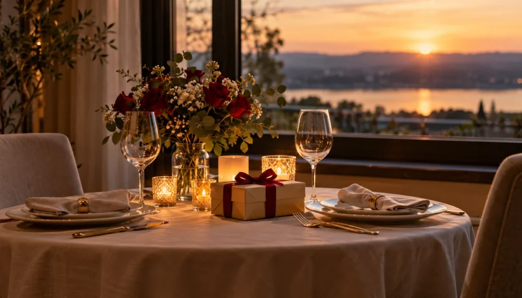 A table set for two with flowers and a ribbon-tied gift waiting by a window
