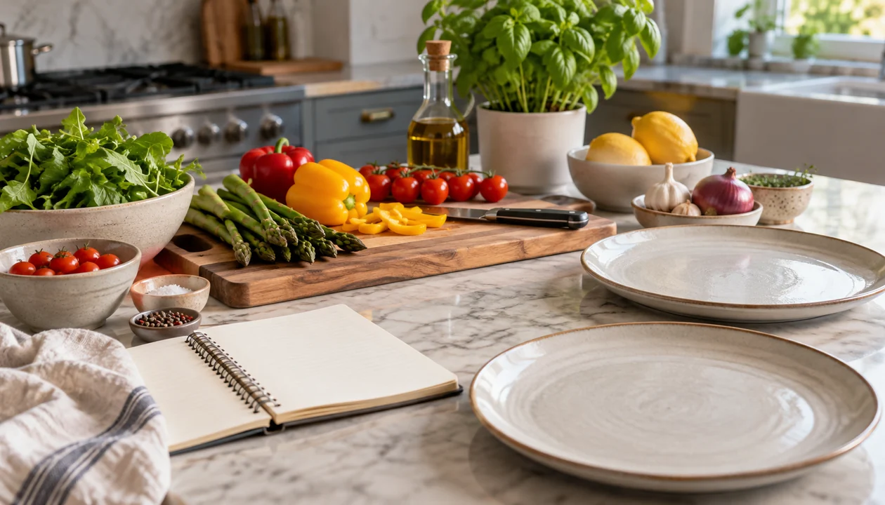 Fresh ingredients, two plates and a blank planning notebook on a kitchen counter
