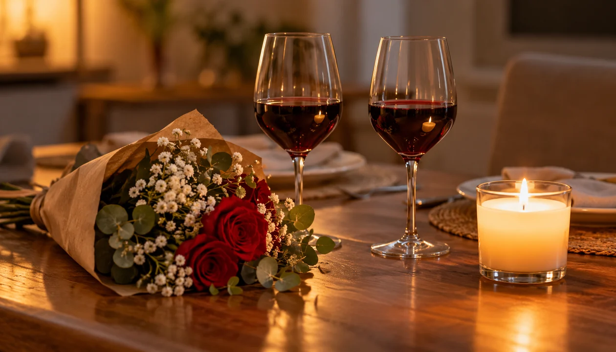 A small bouquet and two wine glasses beside a lit candle
