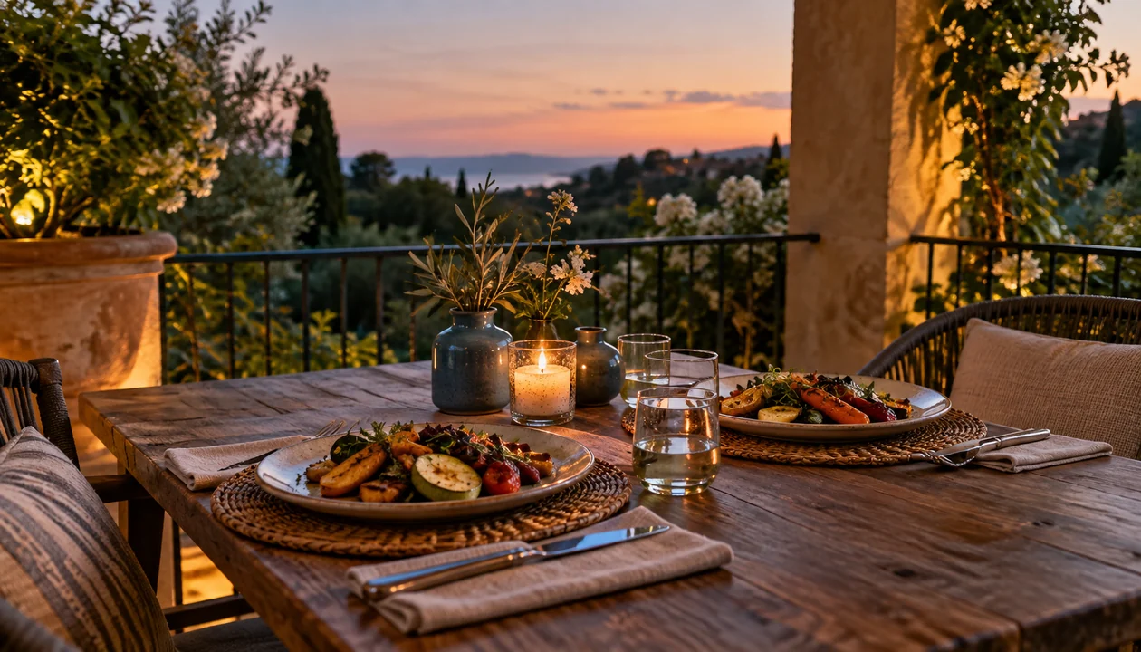 Balcony table prepared for a romantic dinner at dusk