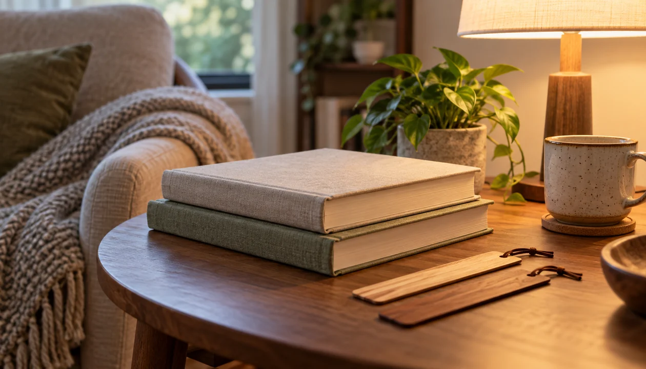 Paperbacks and wooden bookmarks beside a reading lamp