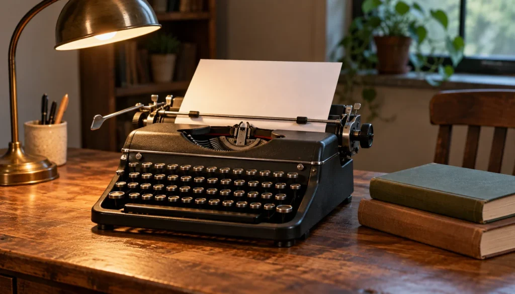 Vintage typewriter and closed books on a wooden desk