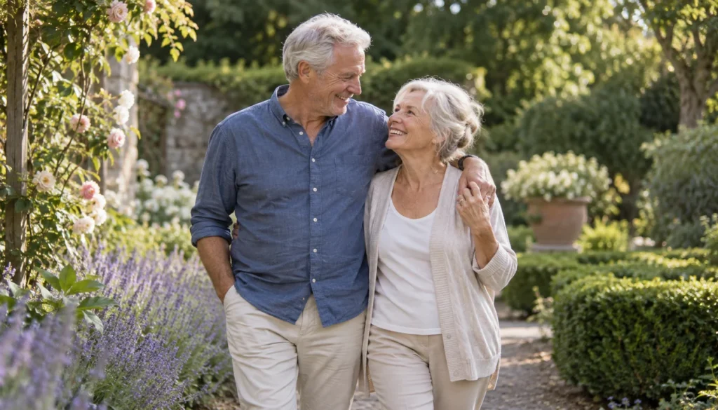 Two older adults smiling while walking together in a garden