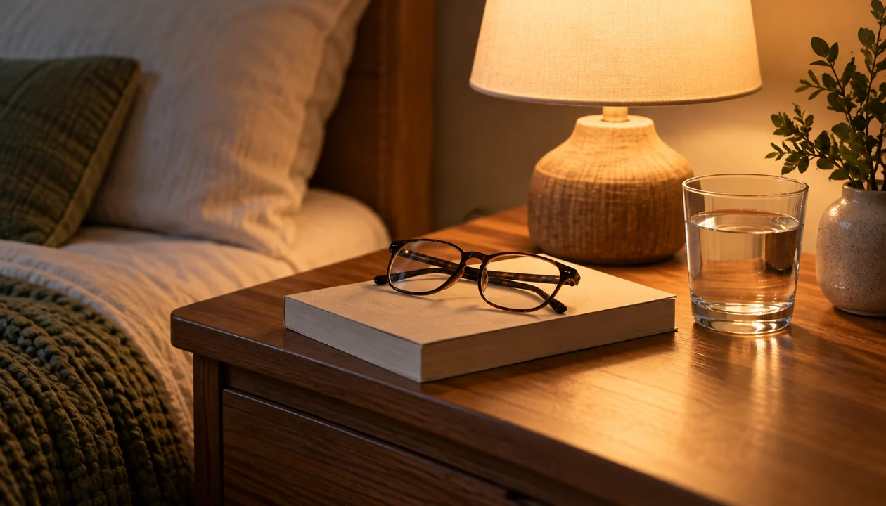 Paperback, reading glasses and a lamp on a bedside table