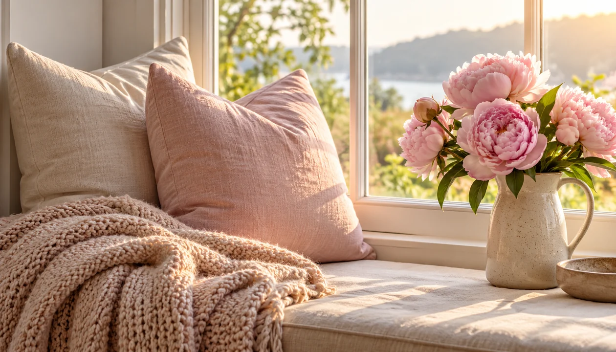 Two pillows and a knitted throw beside peonies on a windowsill
