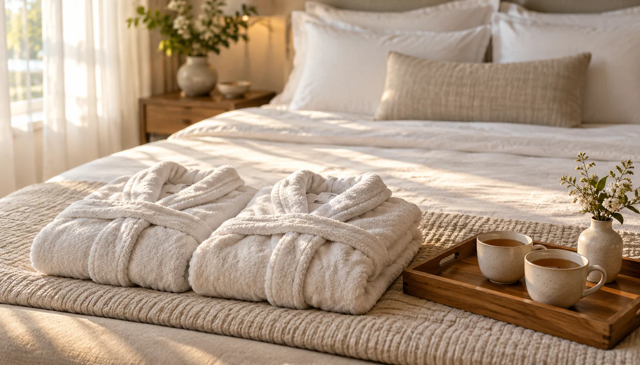 Folded bathrobes and a tray of tea at the foot of a made bed
