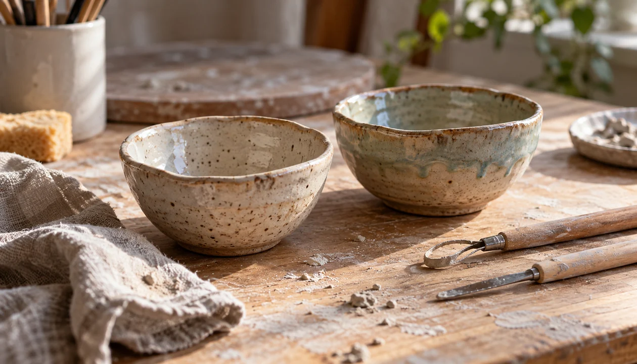 Handmade clay bowls and pottery tools on a studio workbench