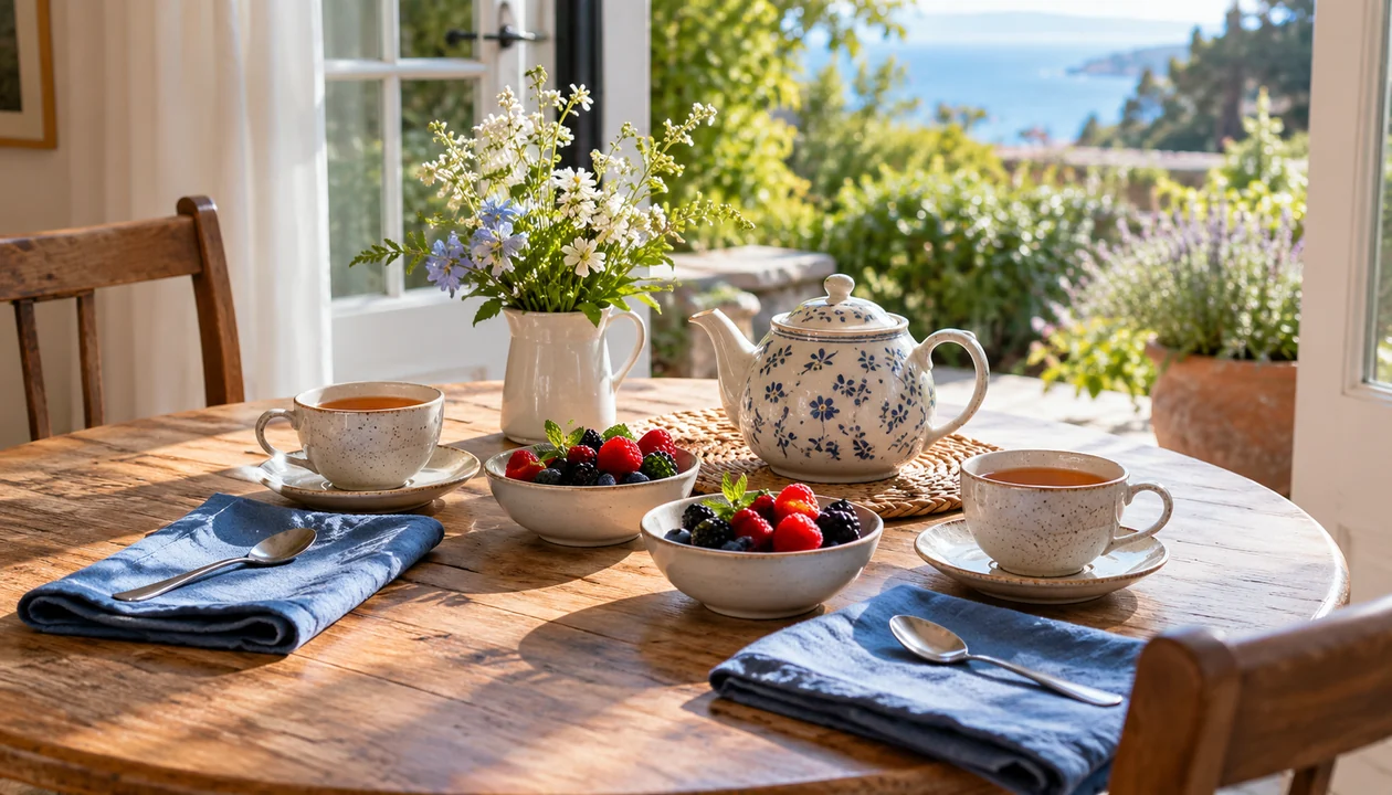 Breakfast for two beside an open patio door