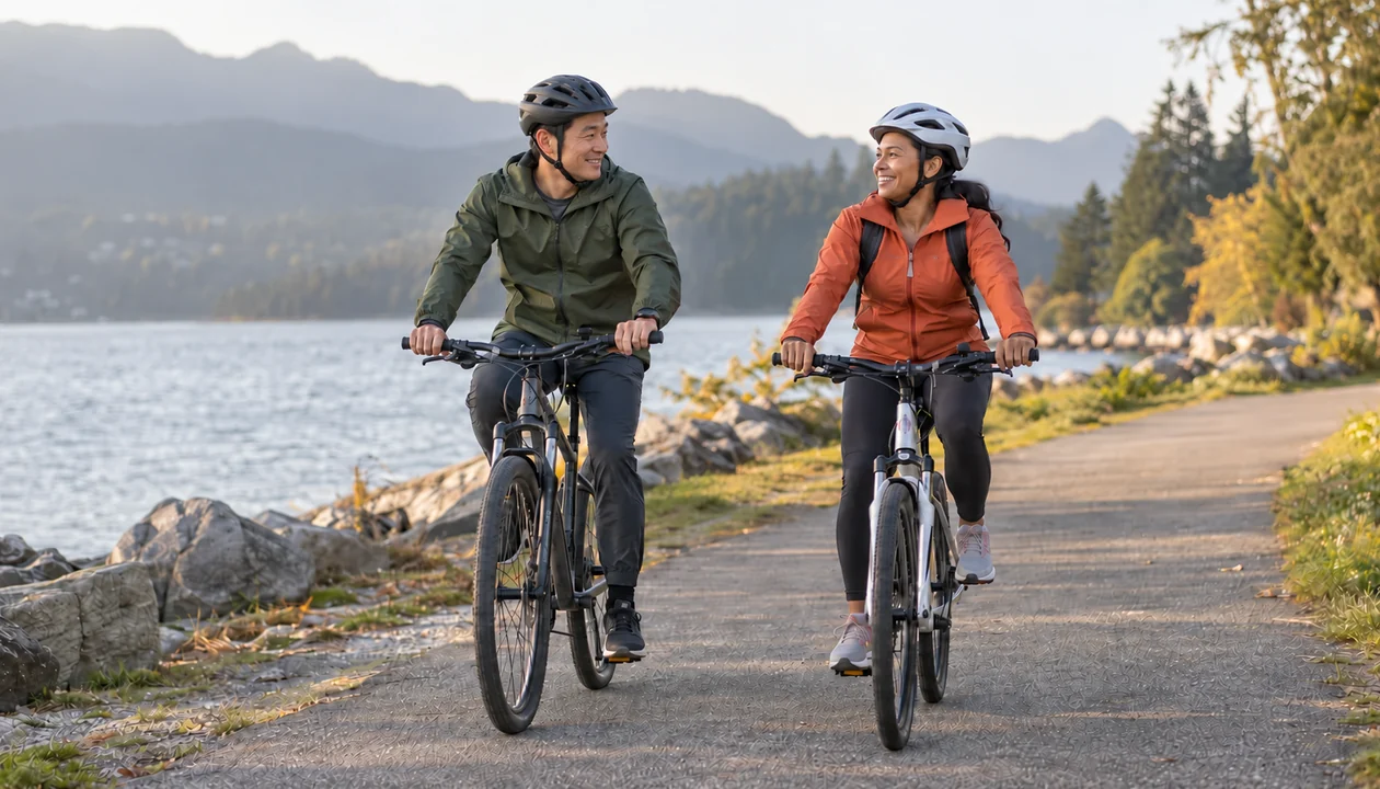 Couple cycling together on a quiet trail
