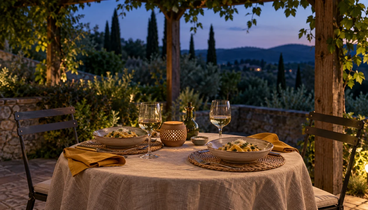 Dinner for two prepared beneath a garden pergola