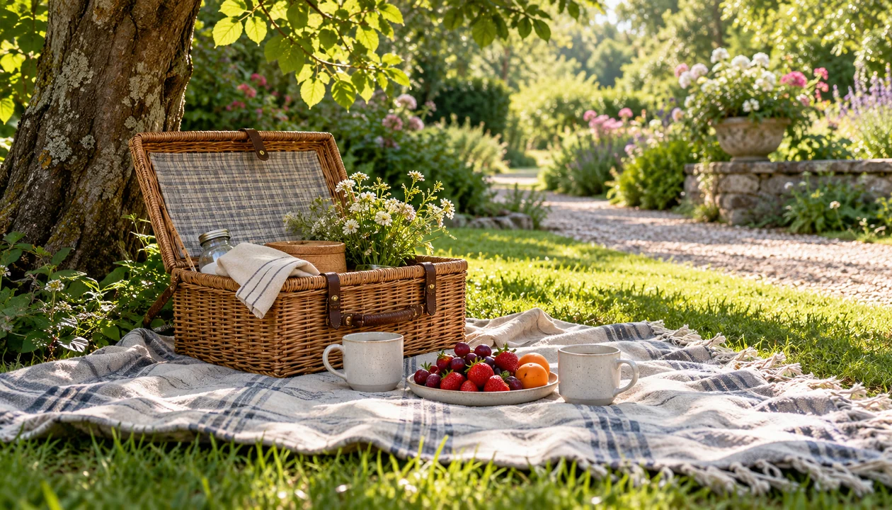 Picnic blanket with a hamper, two cups and seasonal fruit under a garden tree