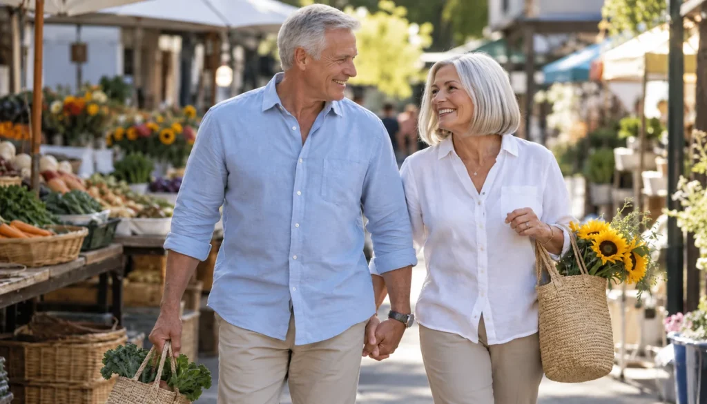 Mature couple enjoying a shared visit to a neighborhood market