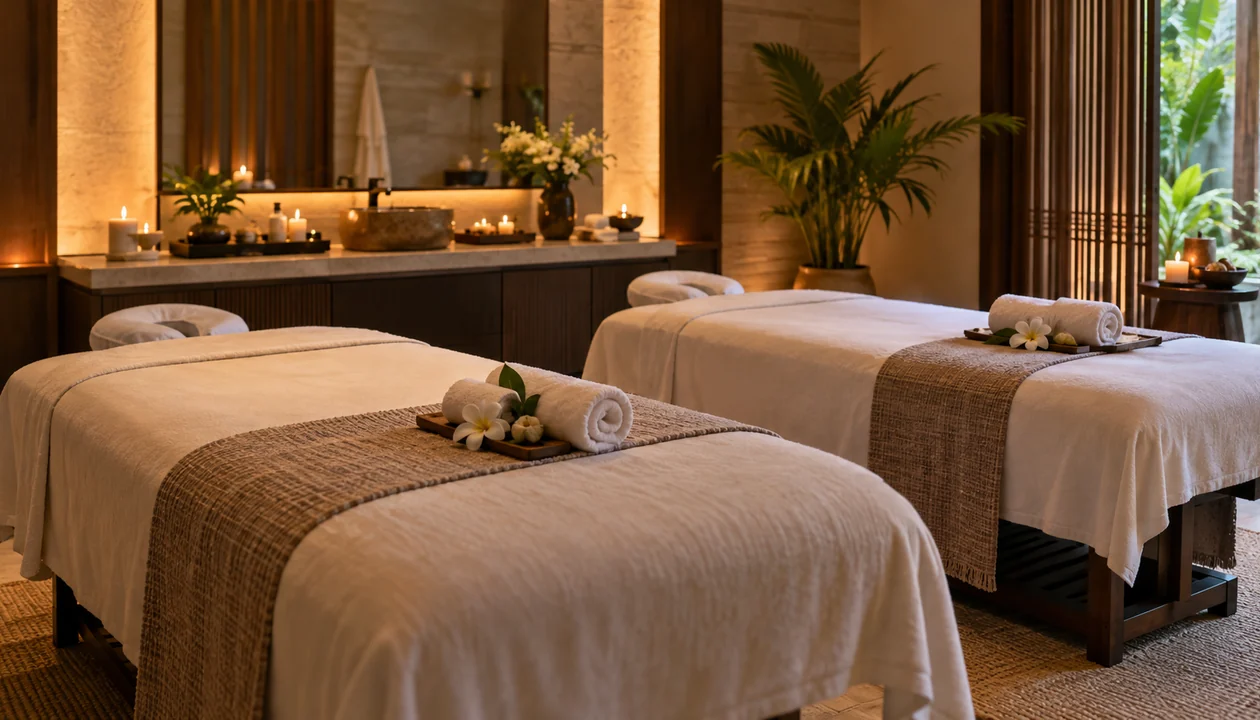 A serene double treatment room with two massage tables and rolled towels