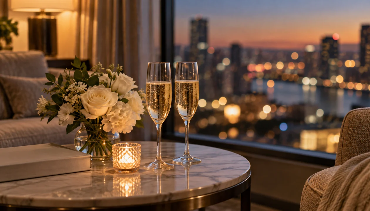 Two glasses beside a small arrangement of white flowers on a hotel-suite side table