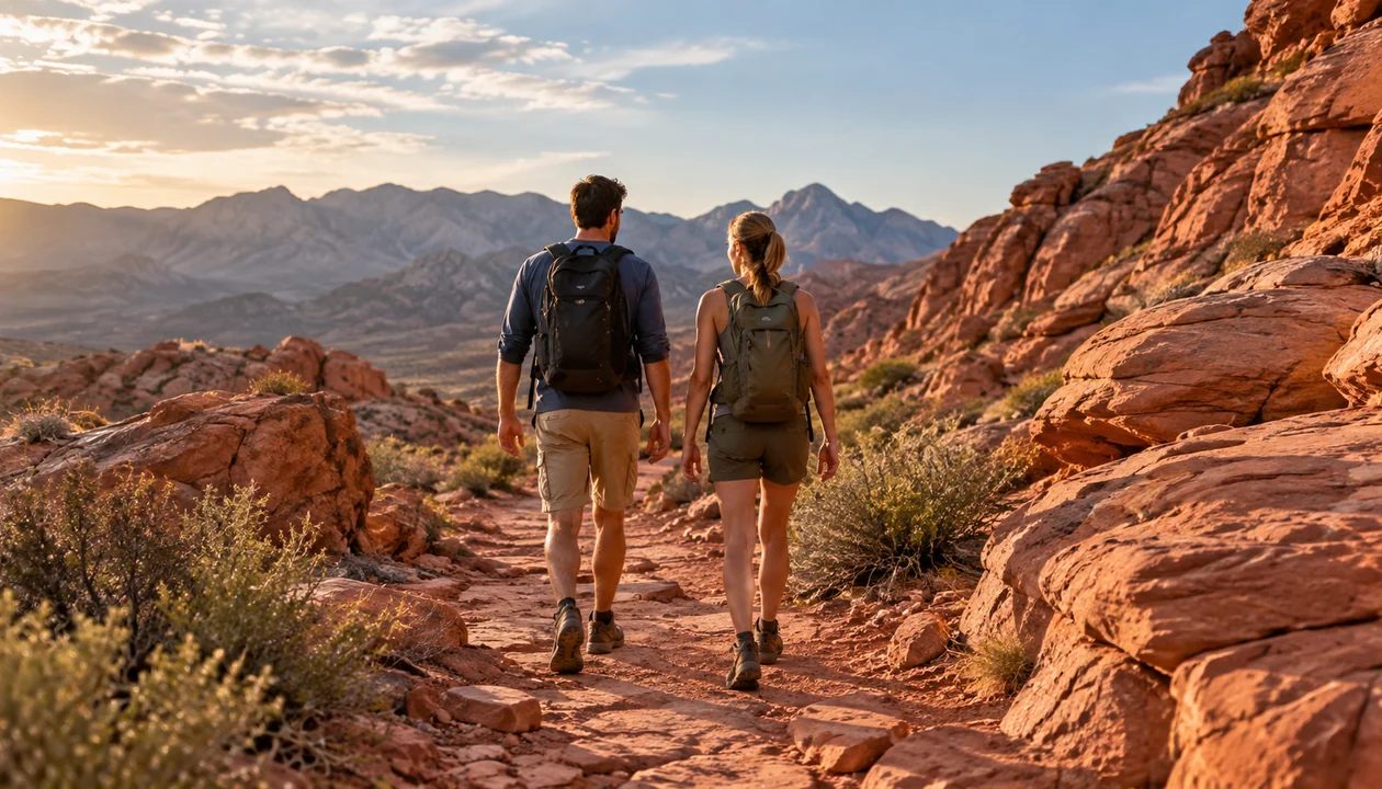 Two adults walking along a red sandstone desert trail viewed from behind