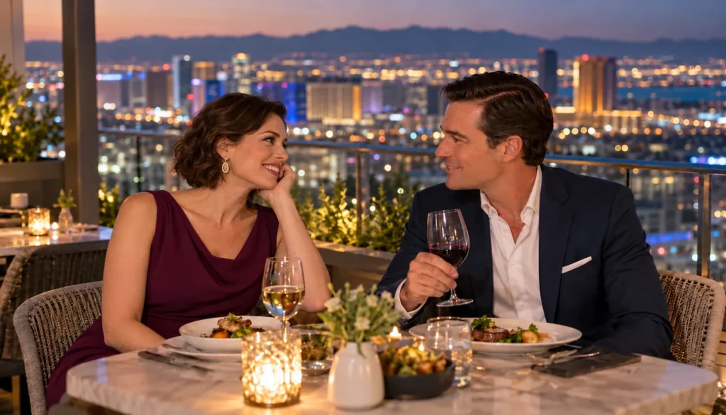 Couple dining on a rooftop with distant Las Vegas lights
