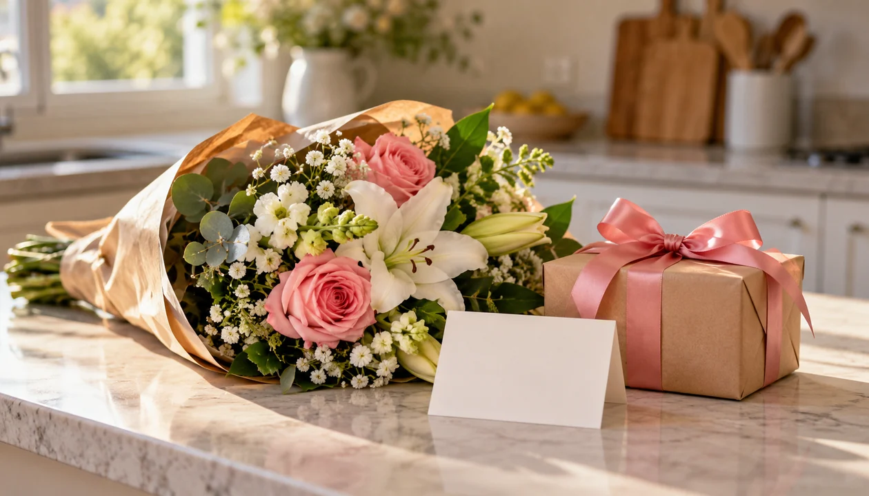 Fresh flowers beside a small ribbon-tied gift and a blank card