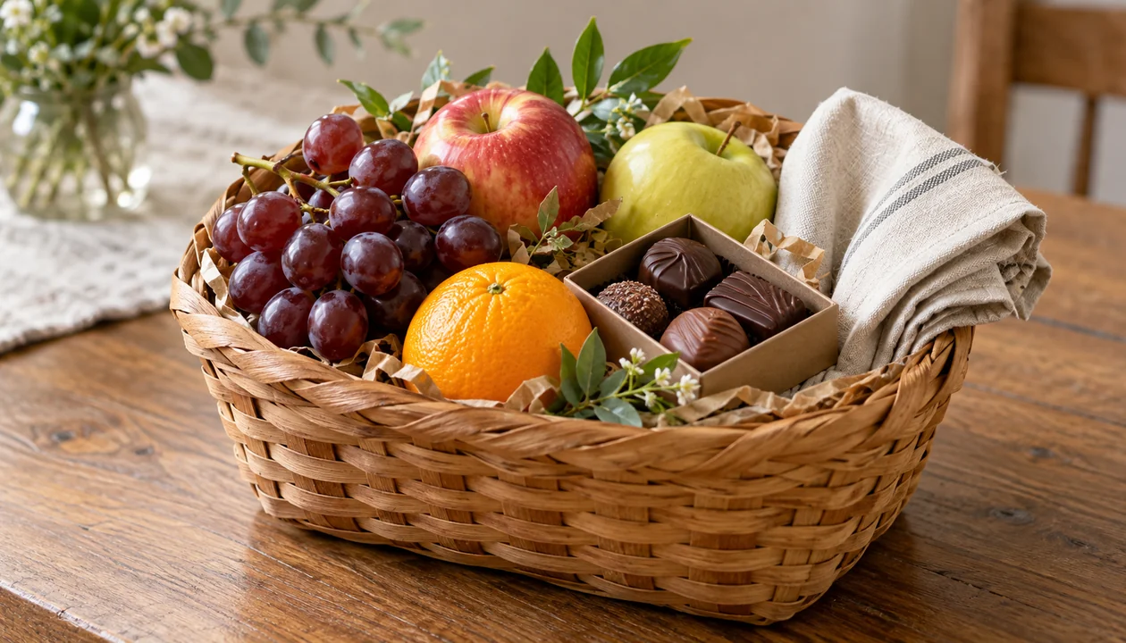 A small gift basket with fruit, chocolate pieces and a folded linen napkin