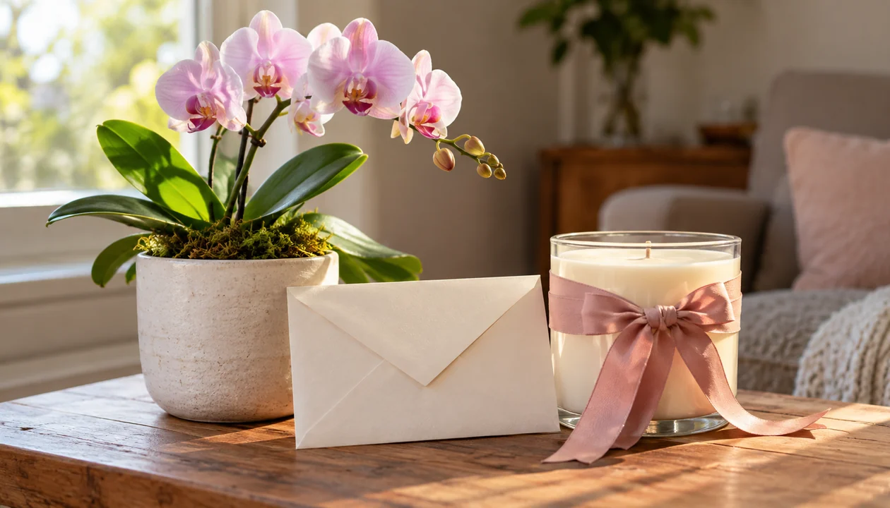 A potted orchid beside a plain envelope and a ribbon-tied candle