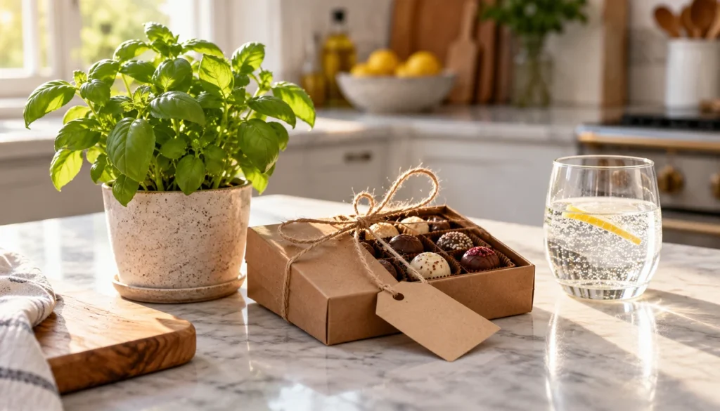 Chocolate box tied with twine and a small herb pot on a kitchen counter