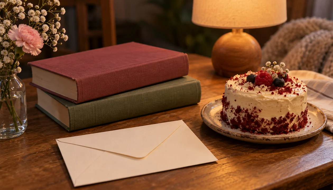 Two closed clothbound novels beside a blank envelope and a small cake