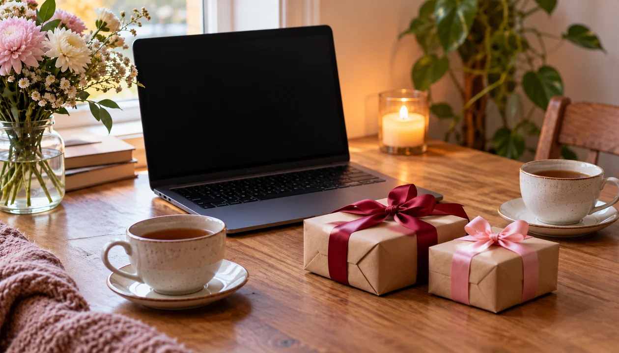 Laptop beside two wrapped gifts, a cup of tea and a candle on a wooden table